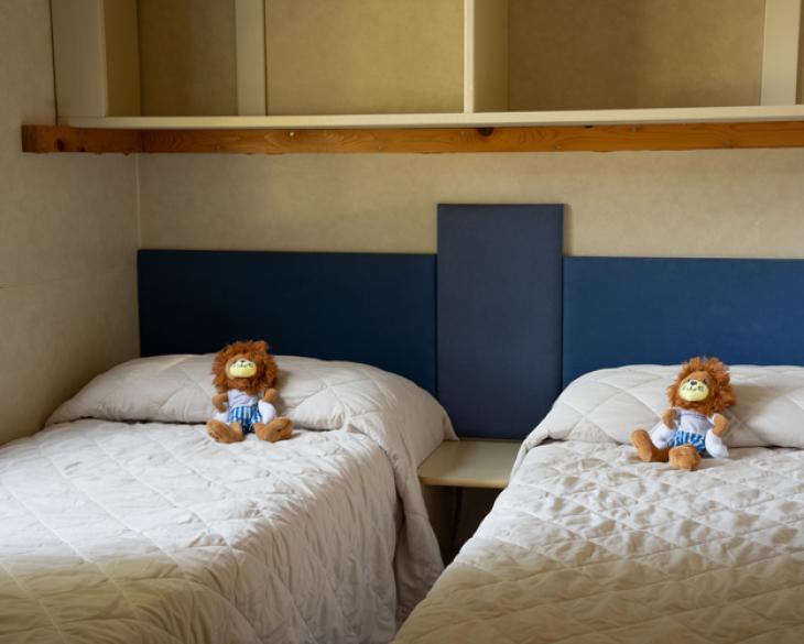 Deux lits simples avec des peluches lion sur des couvertures blanches.