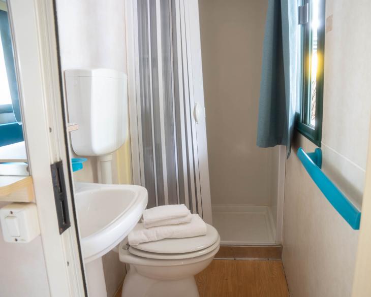 Petite salle de bain avec douche, WC et lavabo.
